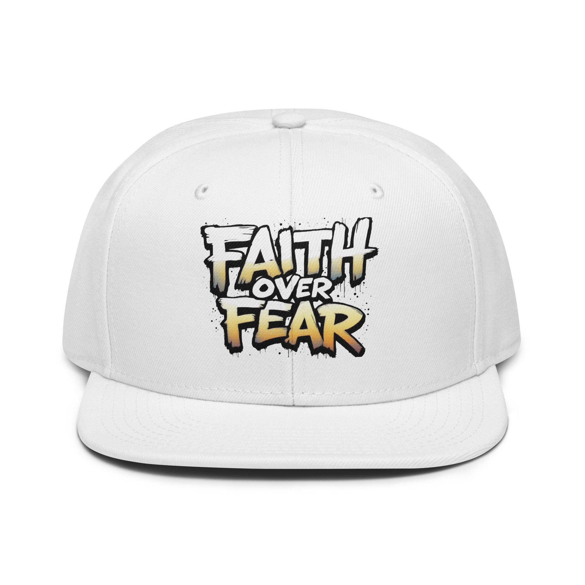 Faith Over Fear - Snapback Hat featuring bold text on a white cap, stylish and comfortable accessory.