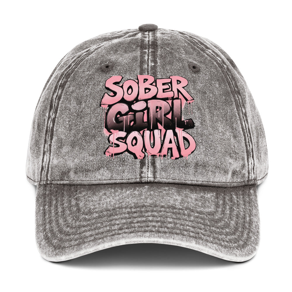 Sober Girl Squad - Vintage Cotton Twill Cap featuring intricate pink embroidery on a washed-out grey cap.