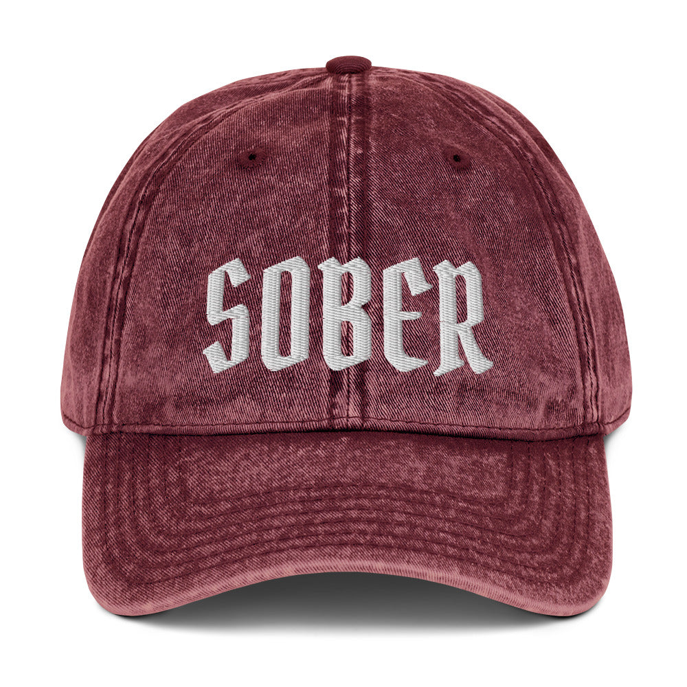 SOBER - Embroidered Vintage Cotton Twill Cap in burgundy with classic white embroidered text