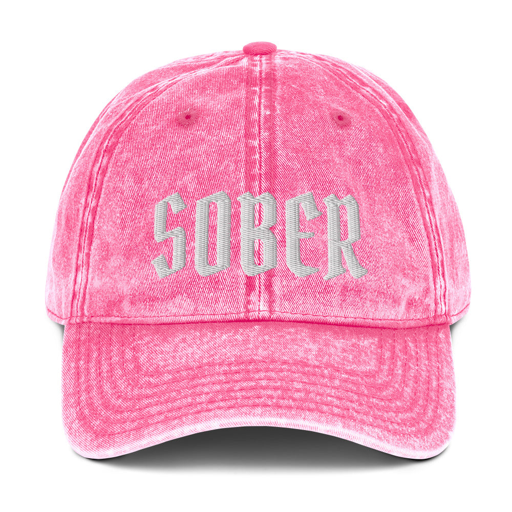 SOBER - Embroidered Vintage Cotton Twill Cap in pink with intricate embroidery design.