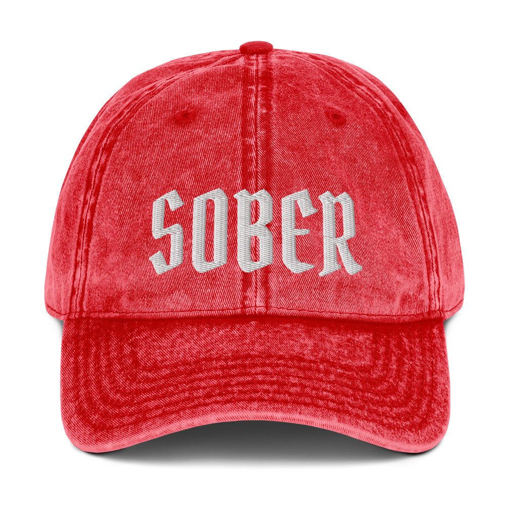 SOBER - Embroidered Vintage Cotton Twill Cap with red fabric and unique embroidery design.