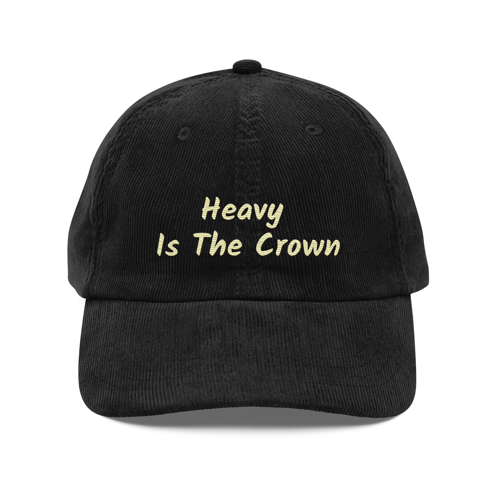 King Status - Vintage Corduroy Cap in black with the phrase 'Heavy Is The Crown' printed on the front.