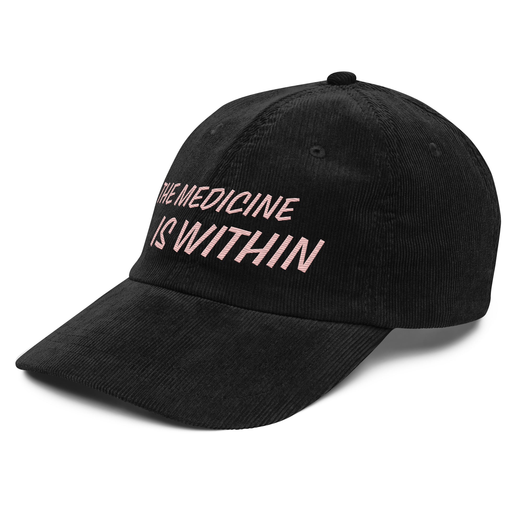 The Medicine Is Within - Embroidered Vintage Corduroy Cap in black with pink lettering