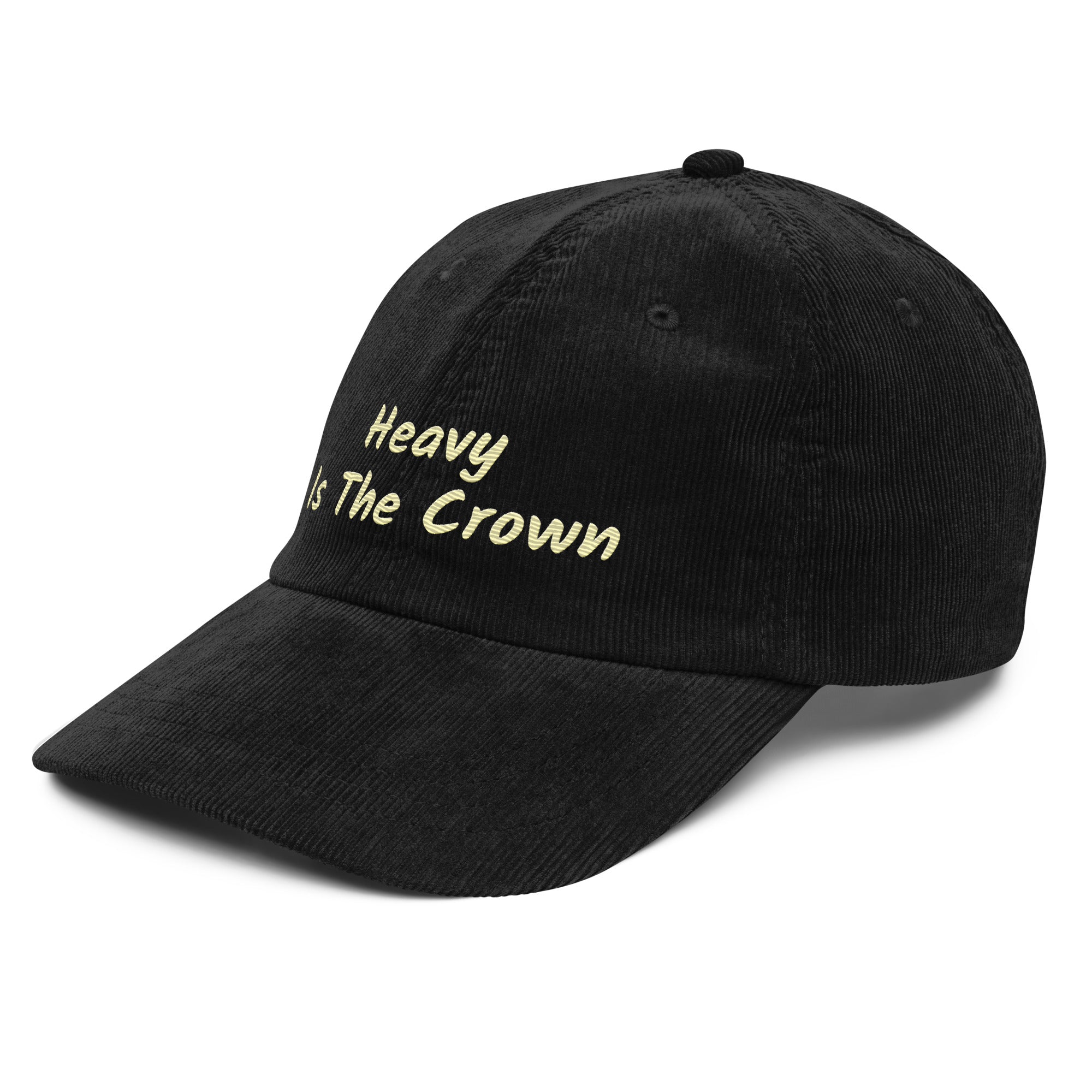 King Status - Vintage Corduroy Cap featuring a black corduroy design with 'Heavy Is The Crown' embroidered in yellow.