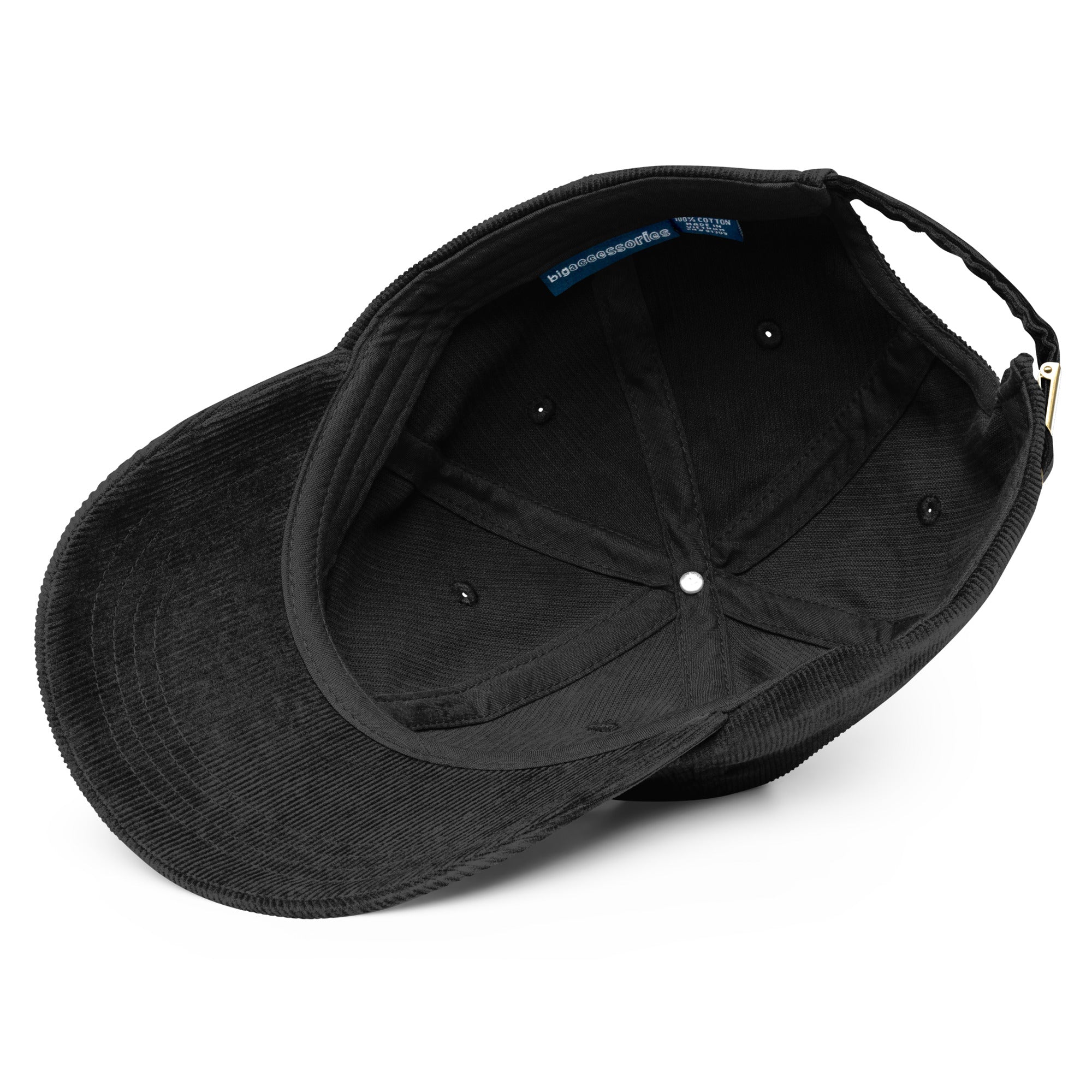 The Medicine Is Within - Embroidered Vintage Corduroy Cap inside view, showcasing soft black cotton corduroy fabric.