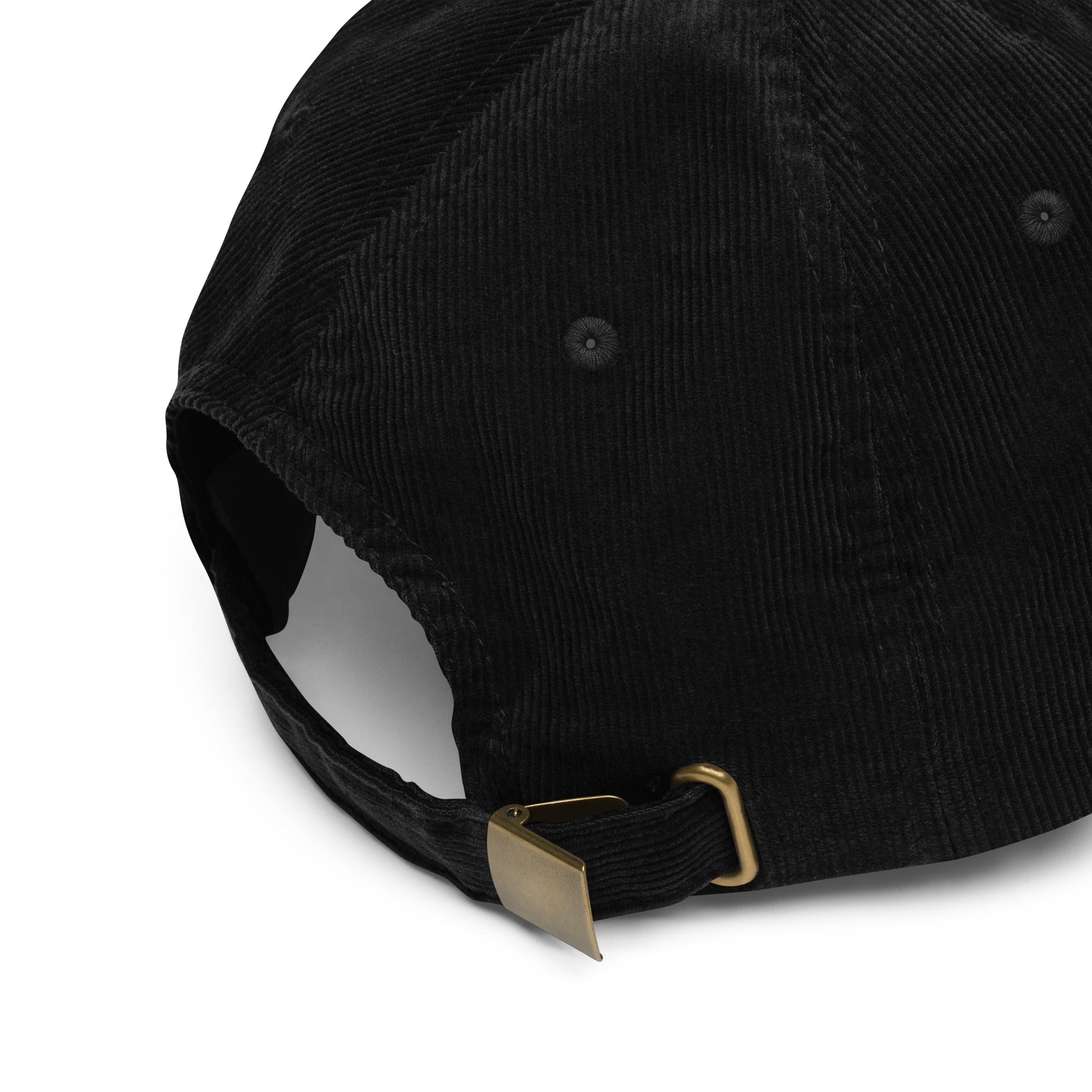 Back view of The Medicine Is Within - Embroidered Vintage Corduroy Cap showcasing the adjustable strap in black corduroy.