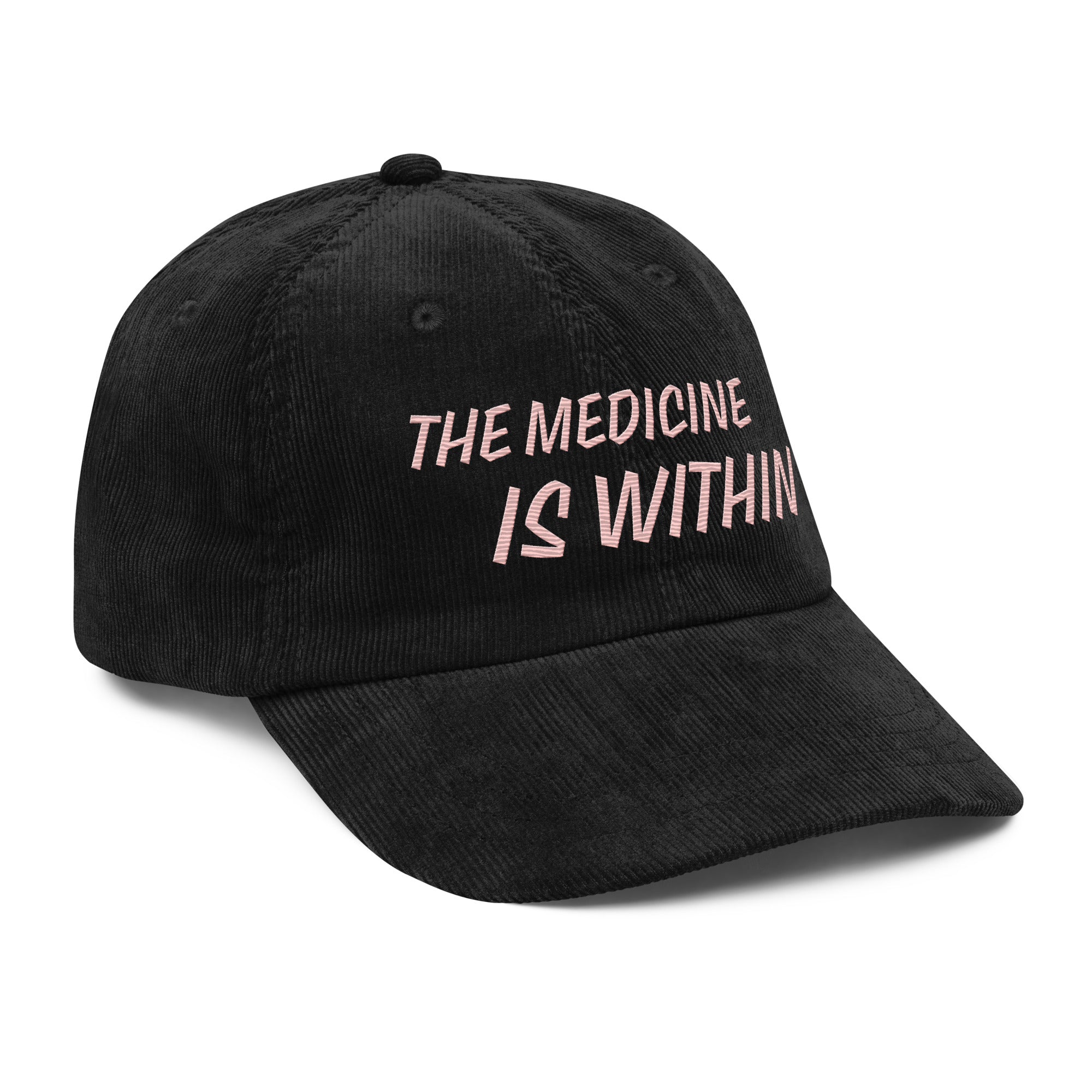 The Medicine Is Within - Embroidered Vintage Corduroy Cap showcasing a black corduroy hat with embroidered text.