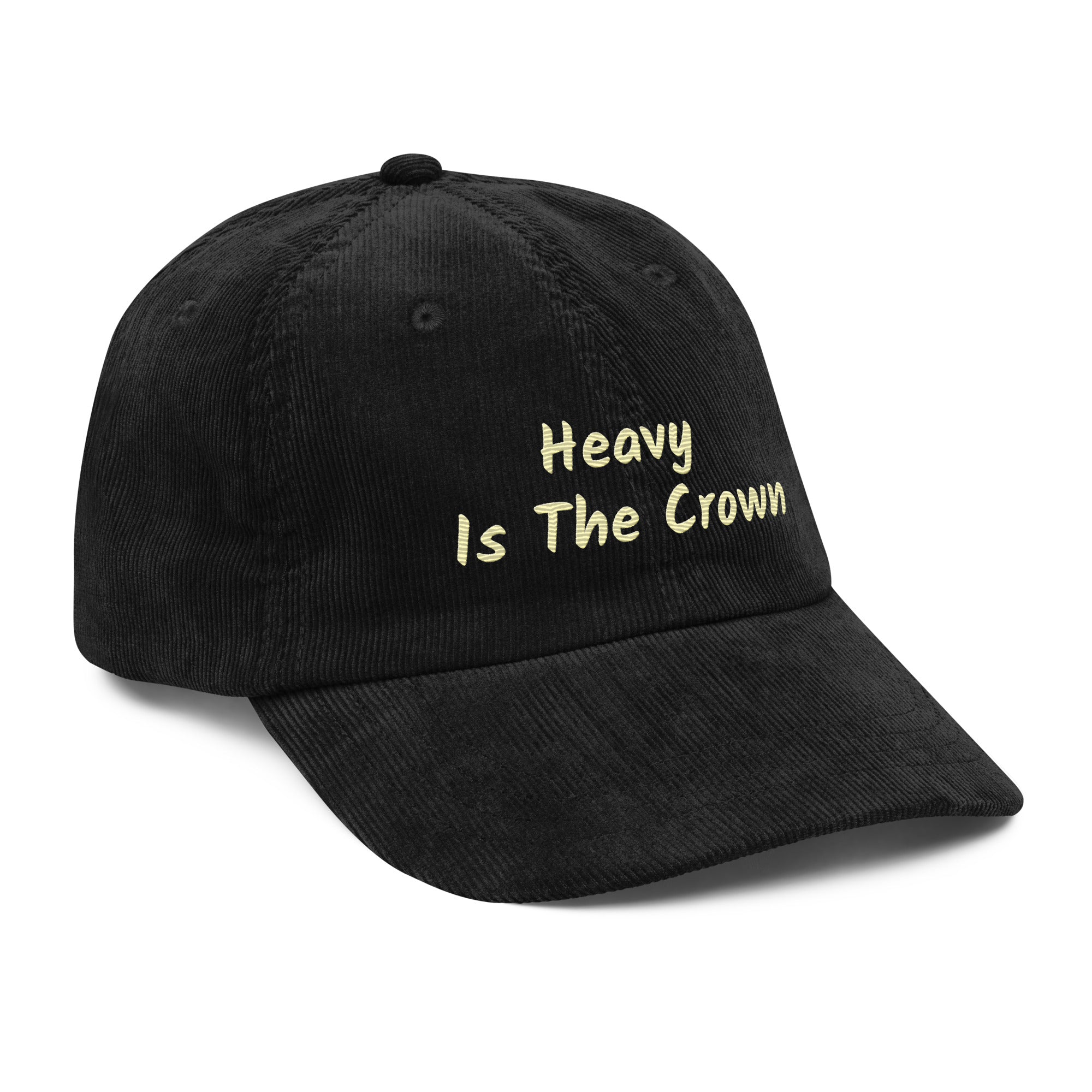 King Status - Vintage Corduroy Cap in black with 'Heavy Is The Crown' embroidered on the front.