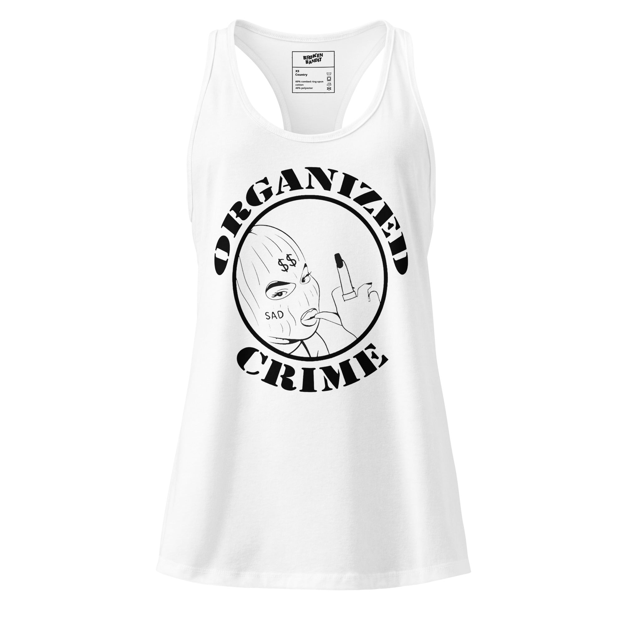 Women’s Organized Crime Fitted Racerbank Tank Top with bold graphic print and racerback design.